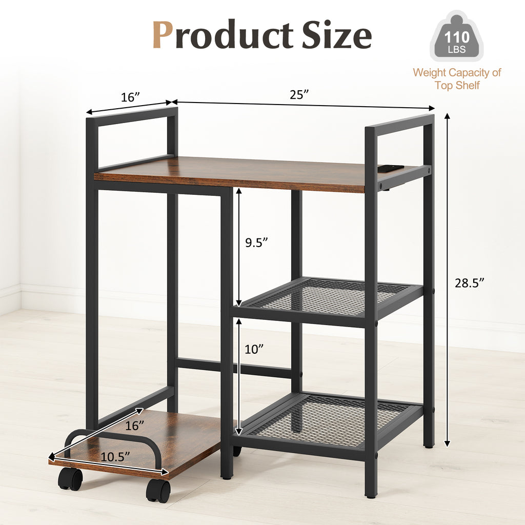 Printer Stand with Charging Station and Storage Shelves - Rustic Brown