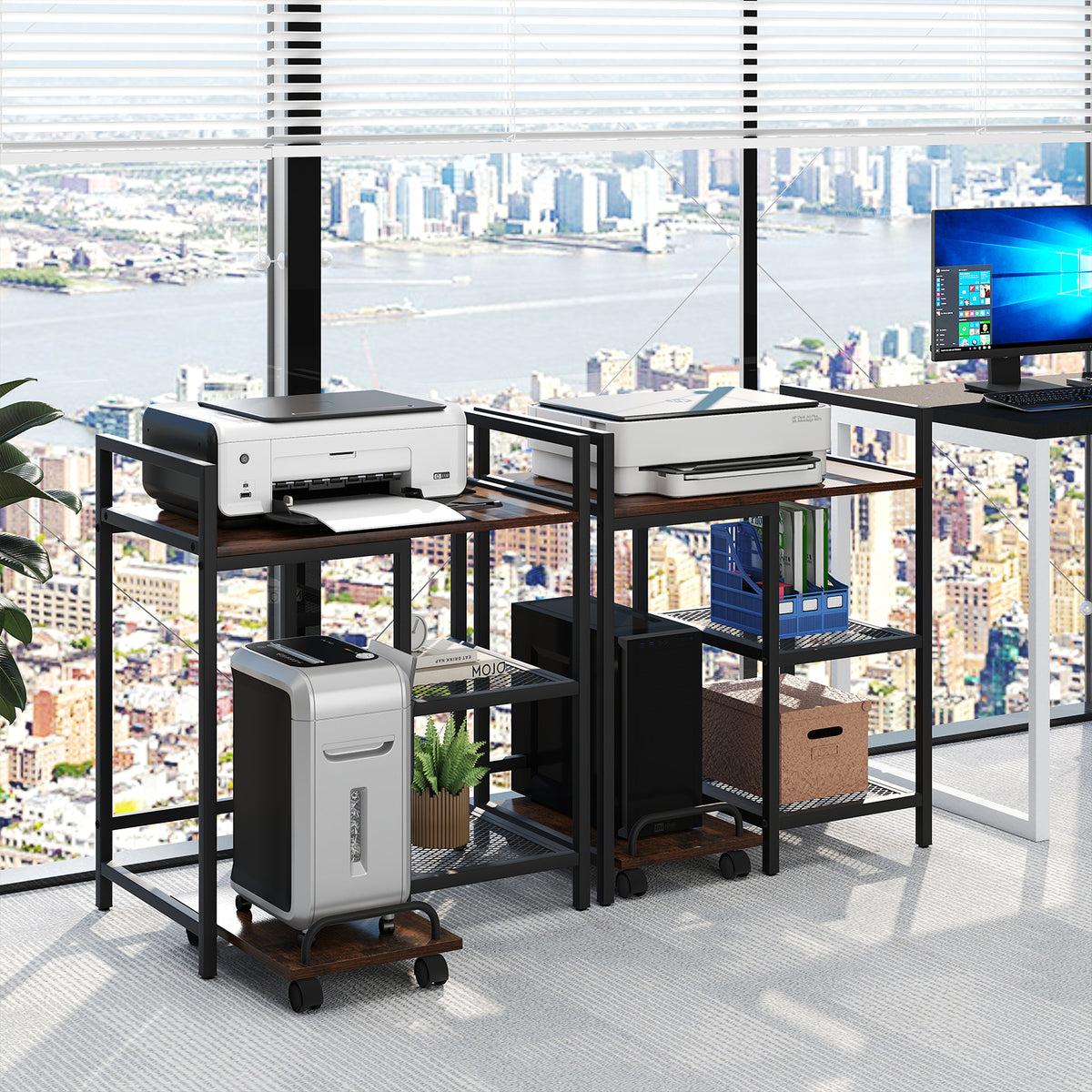 Printer Stand with Charging Station and Storage Shelves - Rustic Brown