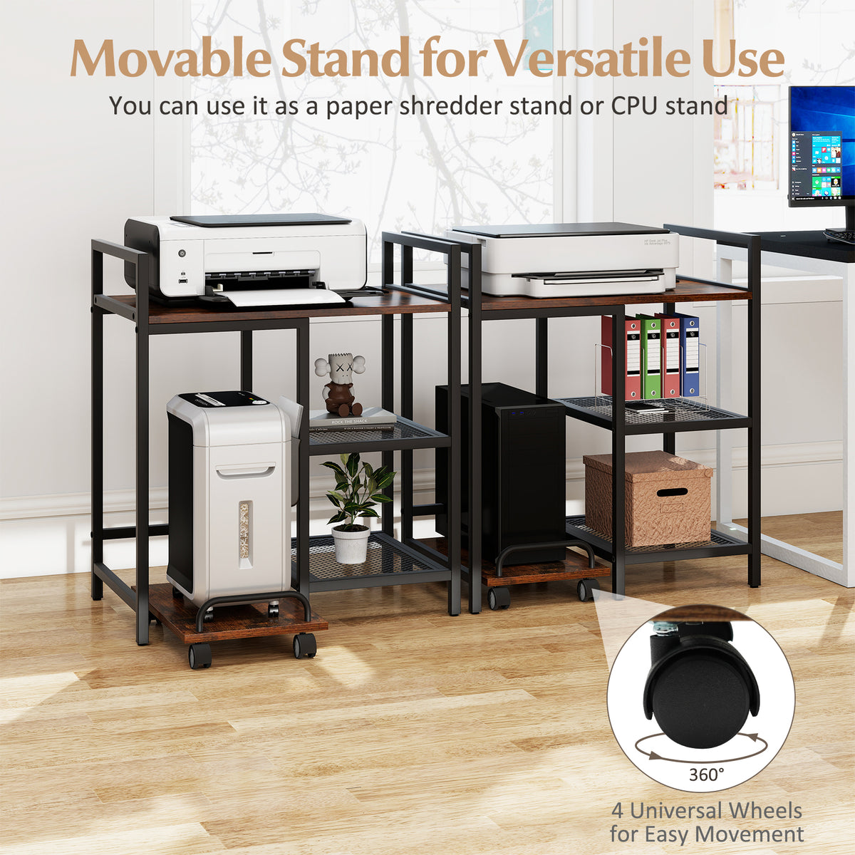 Printer Stand with Charging Station and Storage Shelves - Rustic Brown