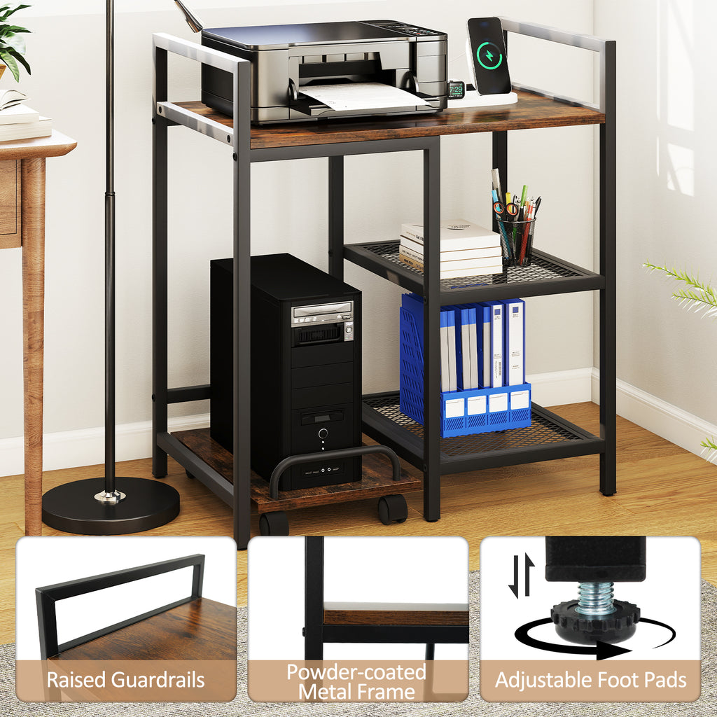 Printer Stand with Charging Station and Storage Shelves - Rustic Brown