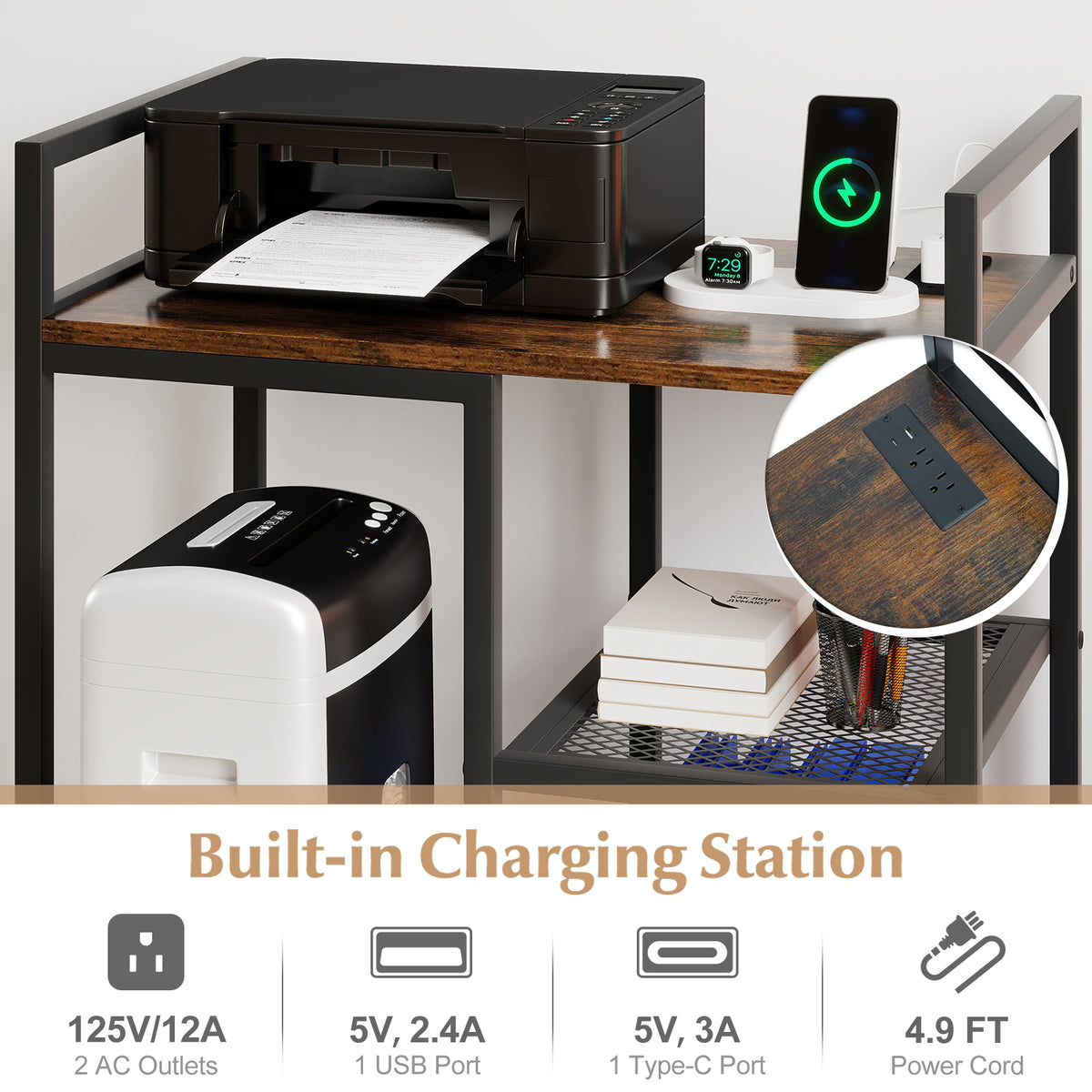 Printer Stand with Charging Station and Storage Shelves - Rustic Brown