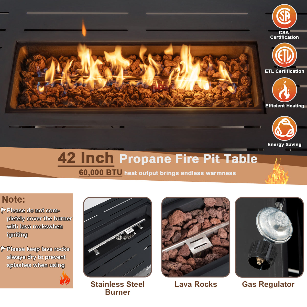 42 Inch 60,000 BTU Fire Pit Table - Alloy Steel Tabletop