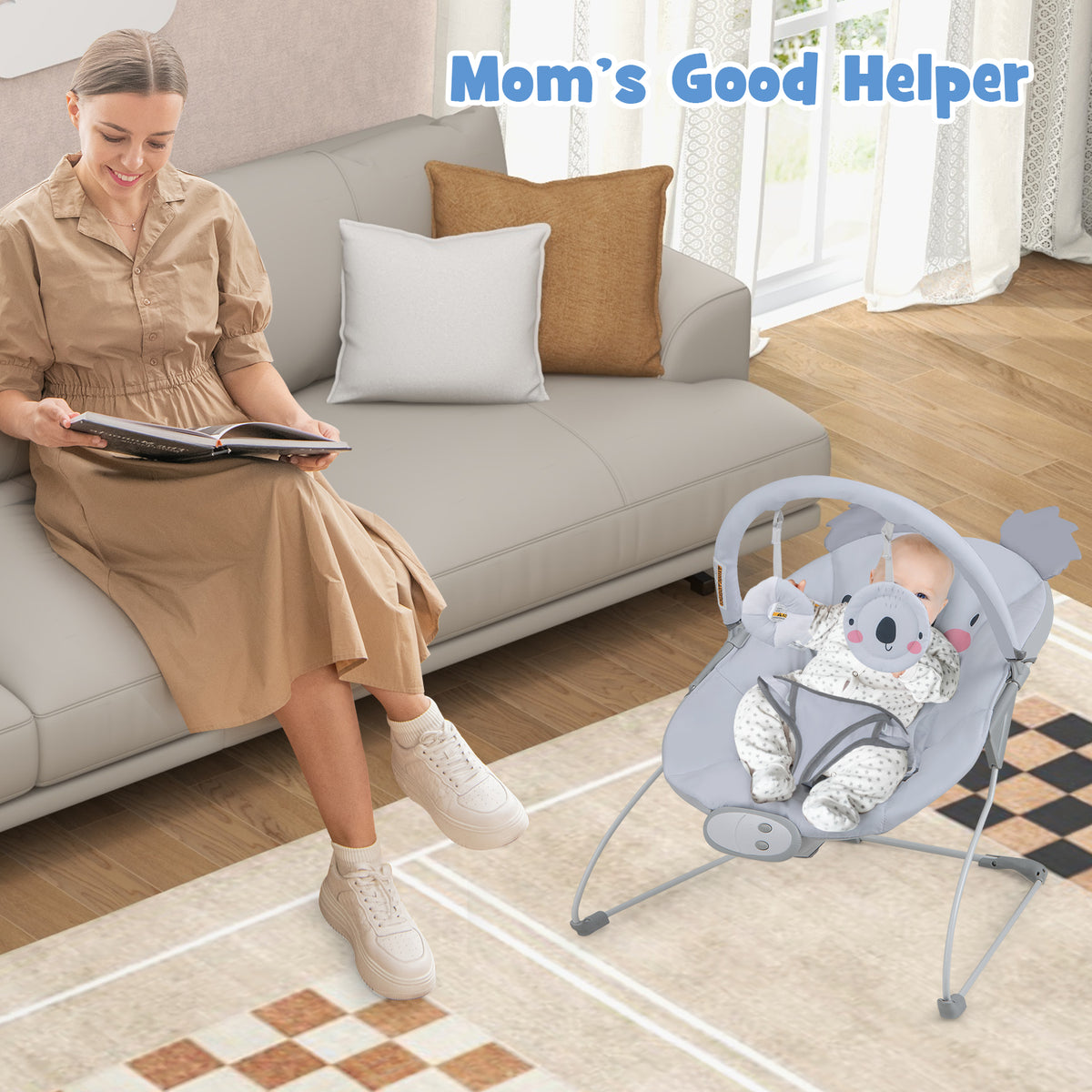Portable Baby Bouncer Infant Rocker Seat with Detachable Toy Bar - Gray