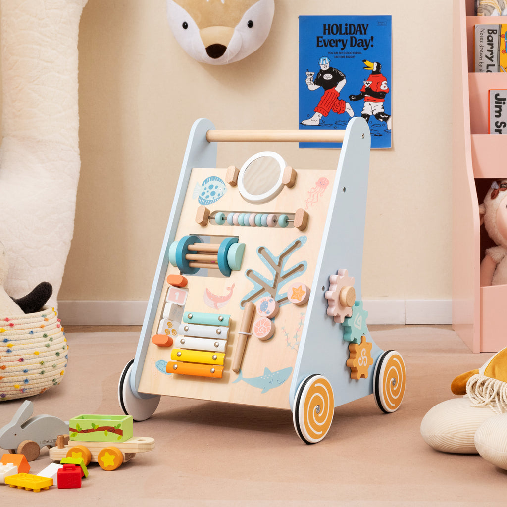 Wooden Baby Walker Push and Pull Activity Center with Wheels - Style 1, Blue