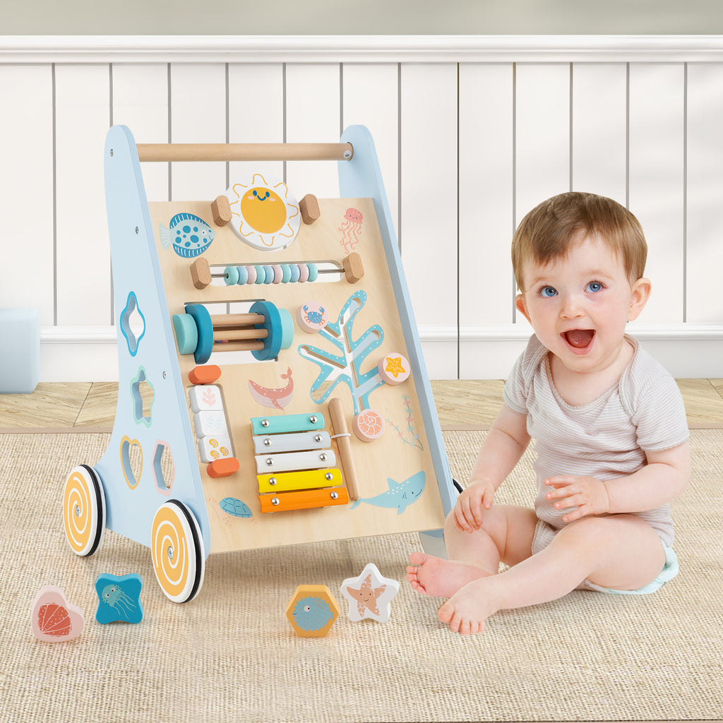 Wooden Baby Walker Push and Pull Activity Center with Wheels - Style 1, Blue