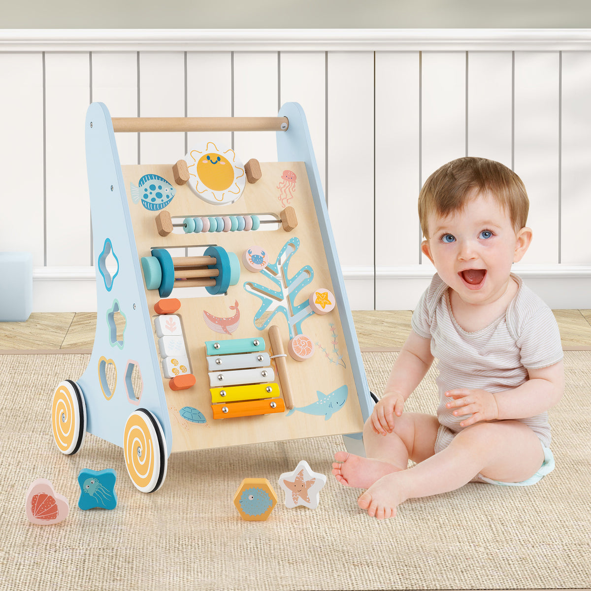 Wooden Baby Walker Push and Pull Activity Center with Wheels - Style 1, Blue
