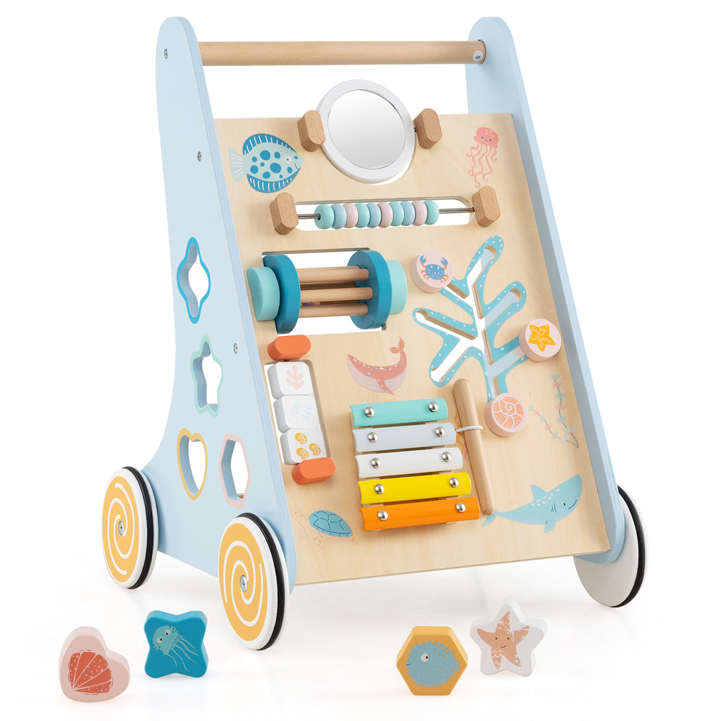 Wooden Baby Walker Push and Pull Activity Center with Wheels - Style 1, Blue