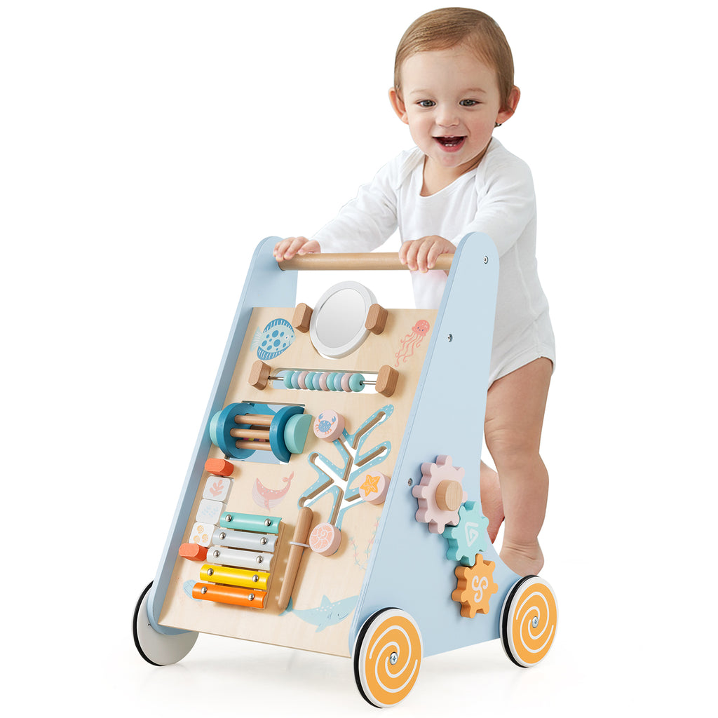 Wooden Baby Walker Push and Pull Activity Center with Wheels - Style 1, Blue