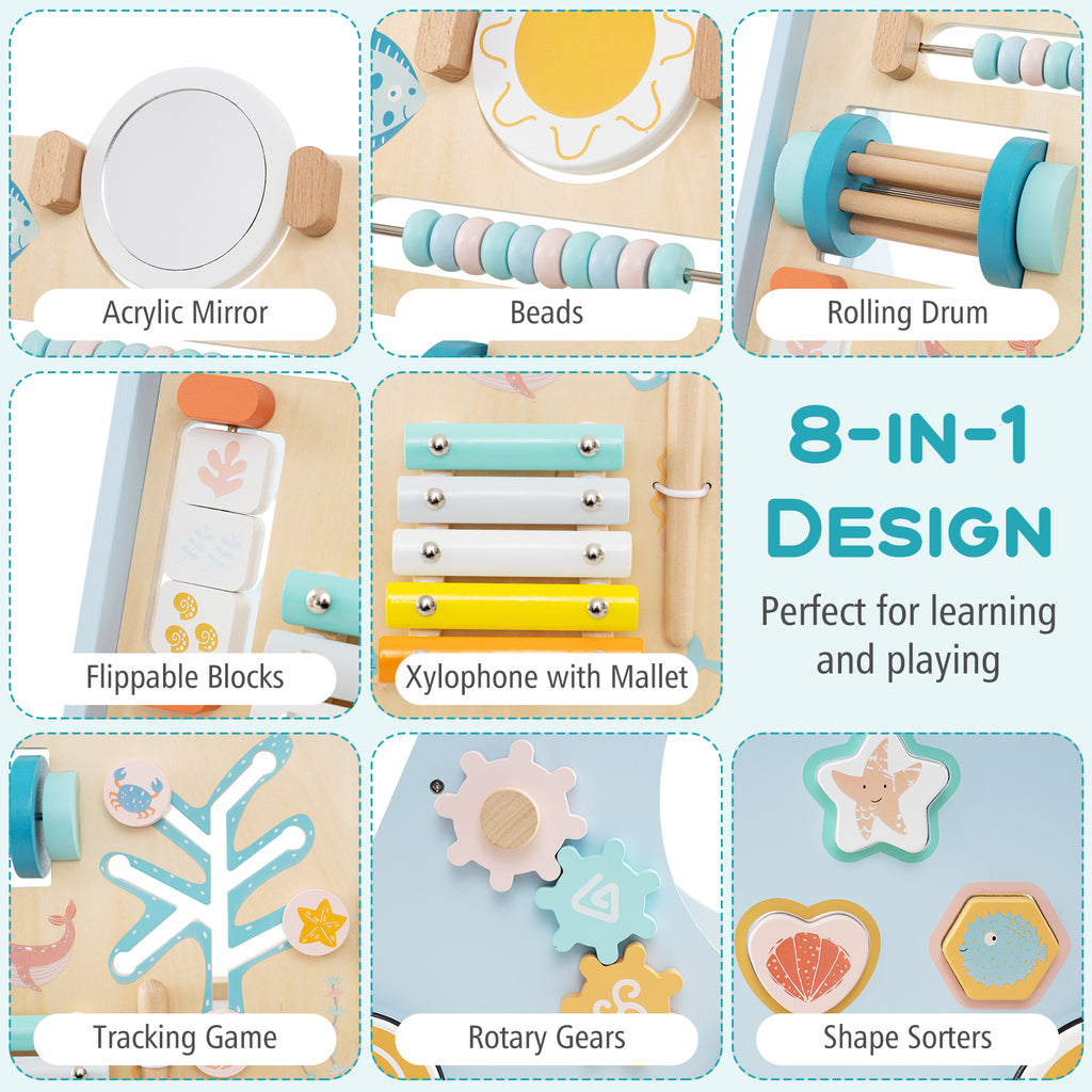 Wooden Baby Walker Push and Pull Activity Center with Wheels - Style 1, Blue
