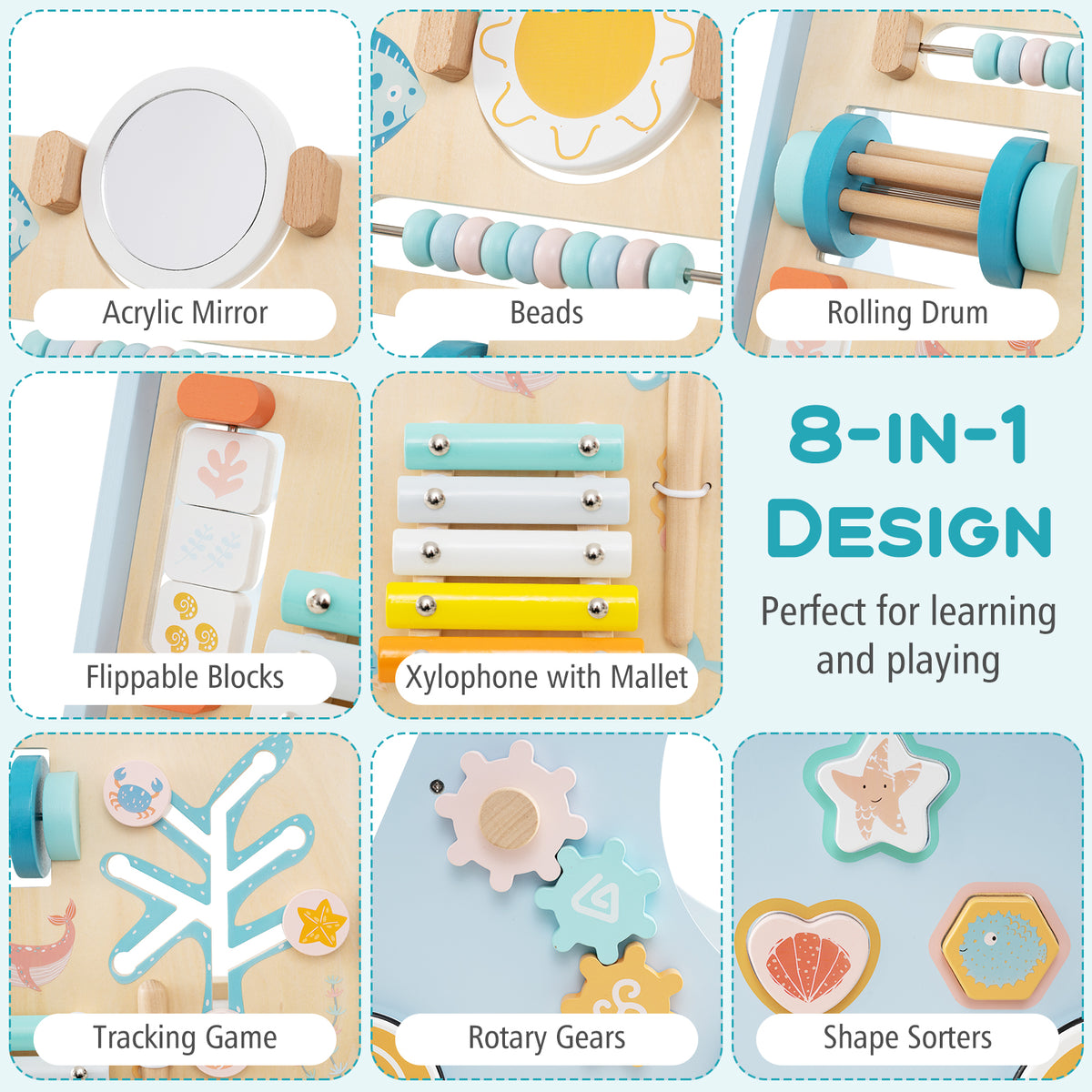 Wooden Baby Walker Push and Pull Activity Center with Wheels - Style 1, Blue
