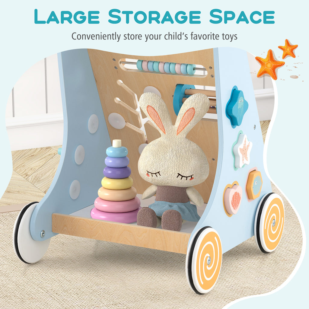 Wooden Baby Walker Push and Pull Activity Center with Wheels - Style 1, Blue