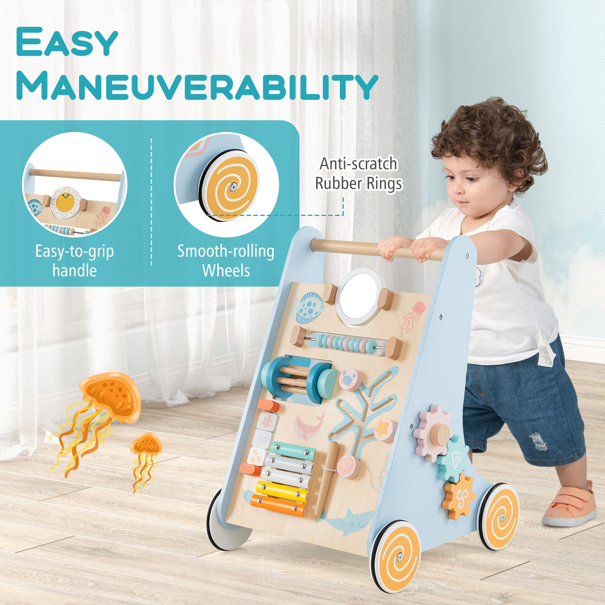 Wooden Baby Walker Push and Pull Activity Center with Wheels - Style 1, Blue