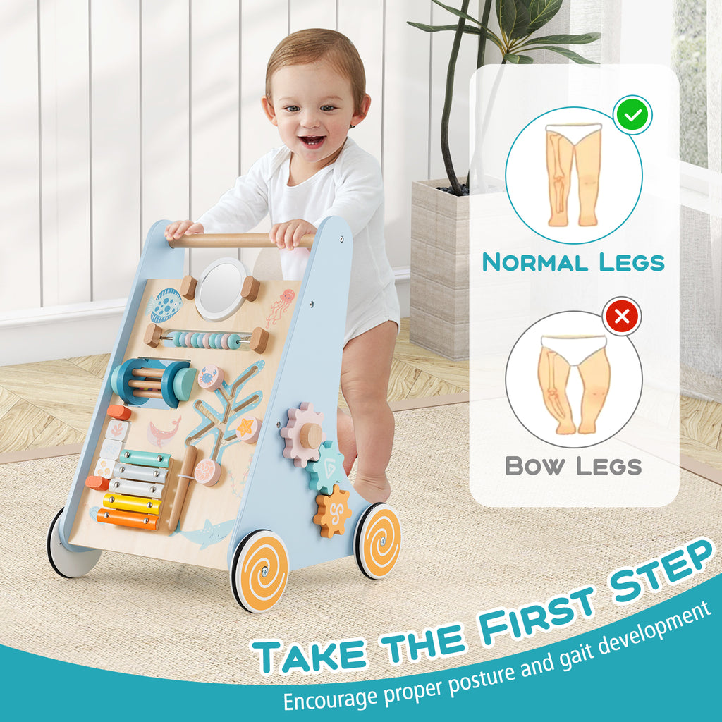 Wooden Baby Walker Push and Pull Activity Center with Wheels - Style 1, Blue