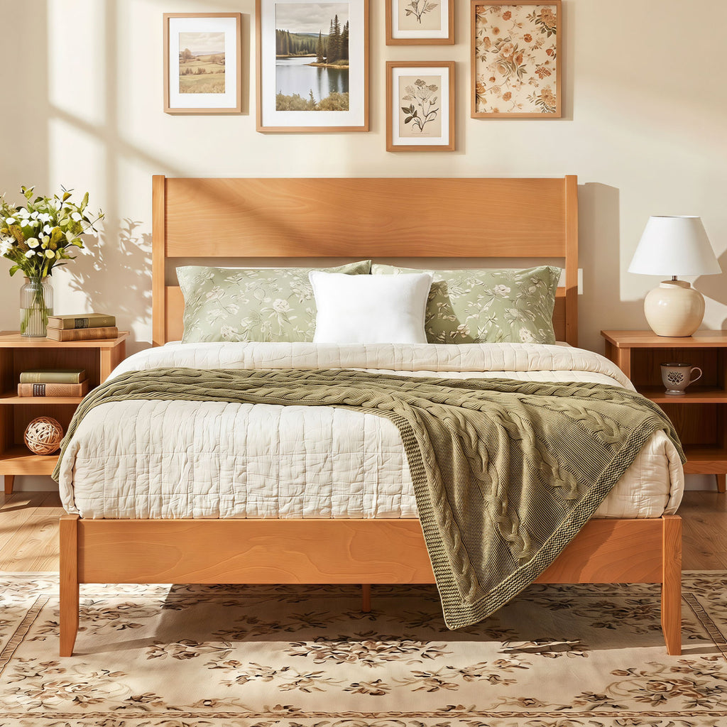 Queen Bed Frame with Headboard and Wood Legs - Brown