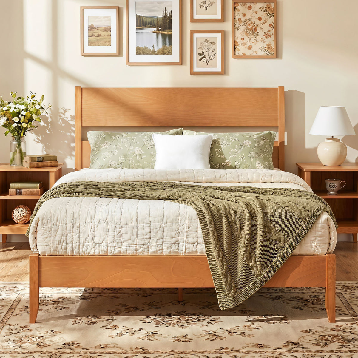 Queen Bed Frame with Headboard and Wood Legs - Brown