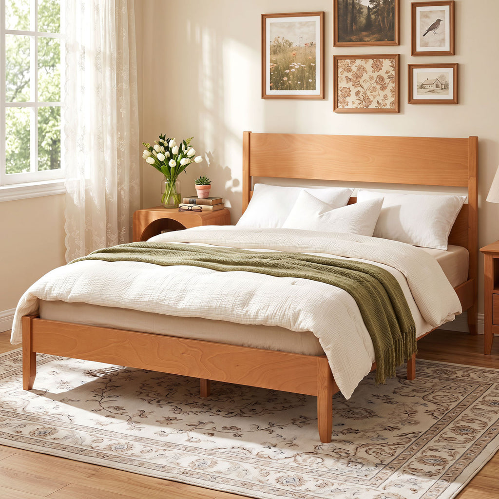 Queen Bed Frame with Headboard and Wood Legs - Brown