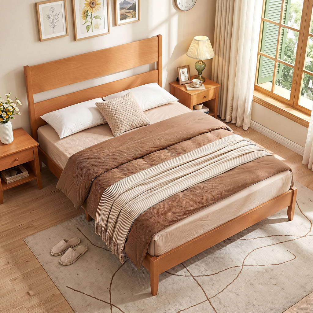 Queen Bed Frame with Headboard and Wood Legs - Brown