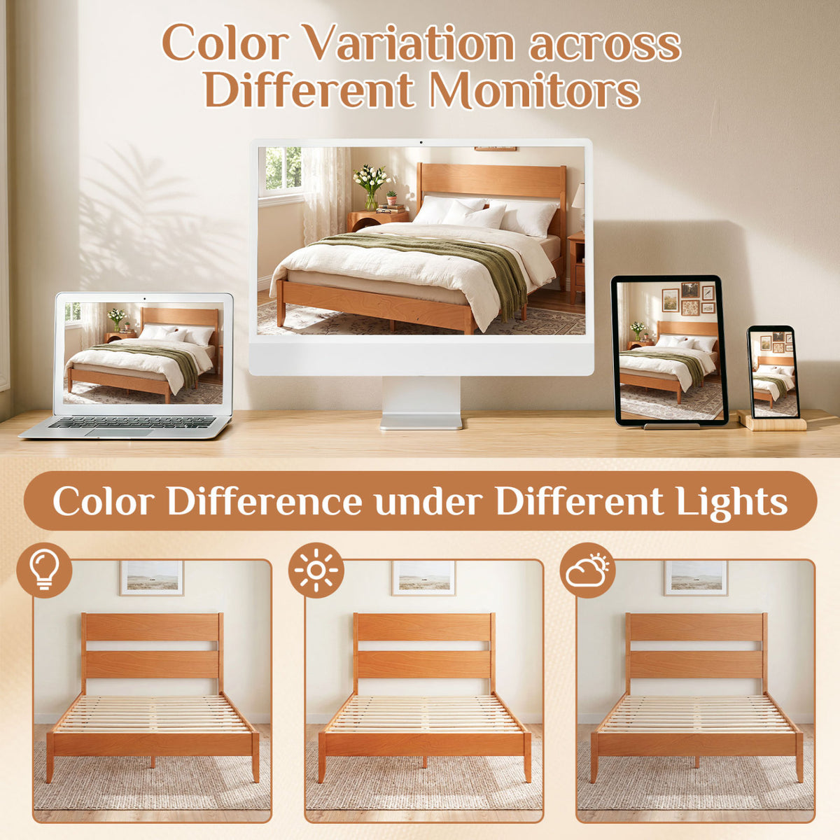 Queen Bed Frame with Headboard and Wood Legs - Brown