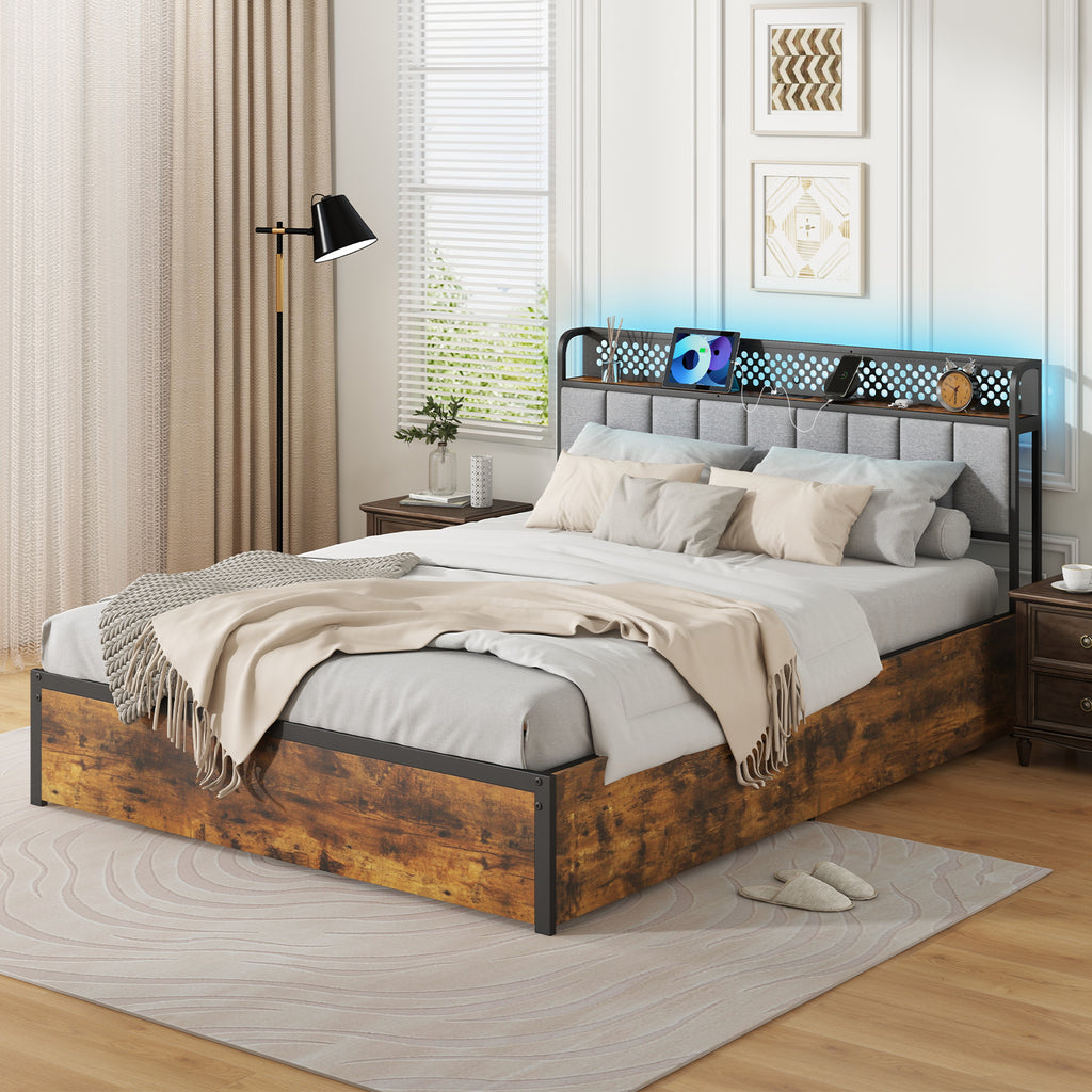 Twin Size Bed Frame with LED Lights, Storage Drawers & Upholstered Headboard