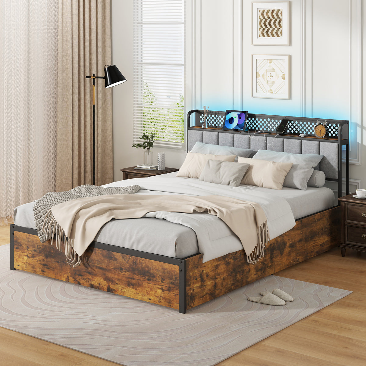 Twin Size Bed Frame with LED Lights, Storage Drawers & Upholstered Headboard