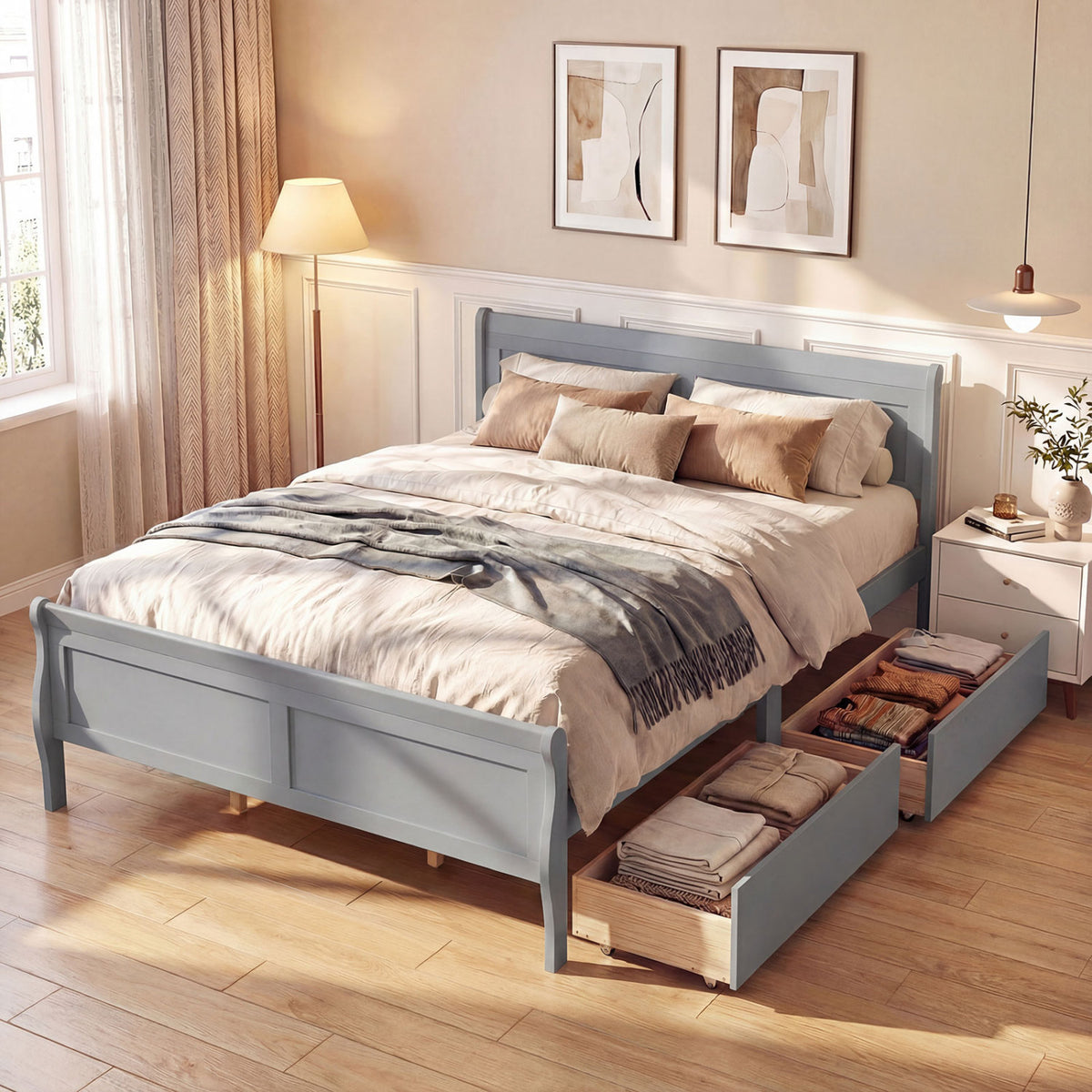 Queen Size Bed Frame with Storage Drawers - Gray