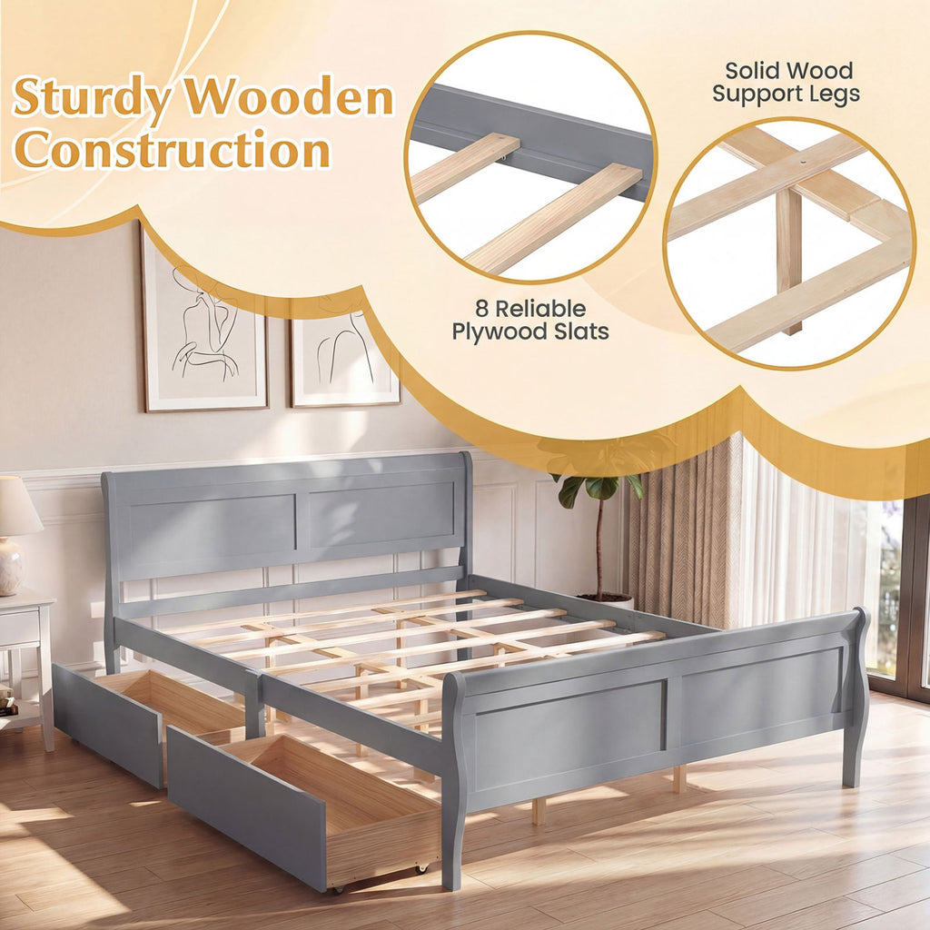 Queen Size Bed Frame with Storage Drawers - Gray