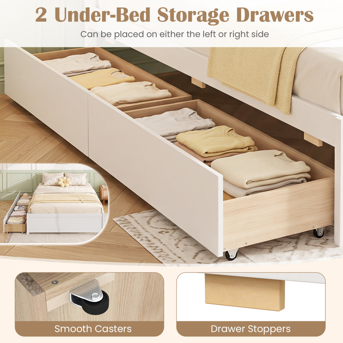 Queen Size Bed Frame with Storage Drawers - White