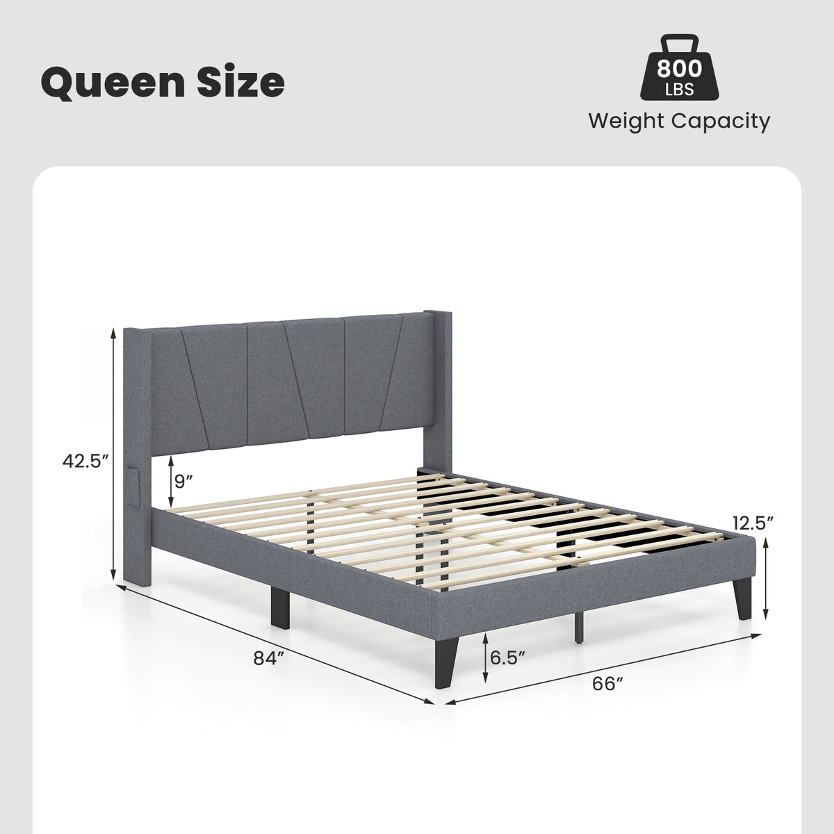Queen Size Bed Frame with Wingback Headboard & Wood Slats
