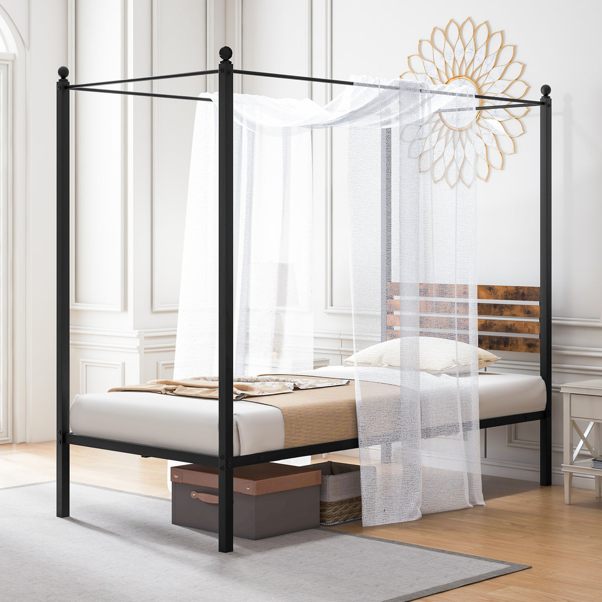 Twin Size Canopy Bed Frame with Under Bed Storage