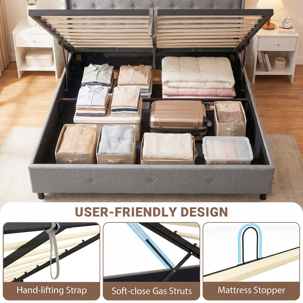 Queen Size Lift-Up Storage Bed - Gray Platform Bed