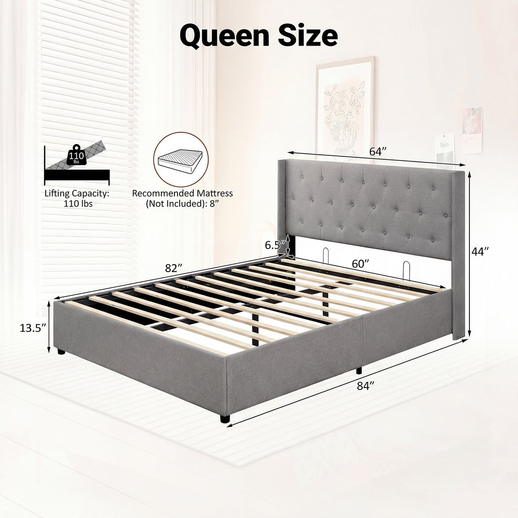 Queen Size Lift-Up Storage Bed - Gray Platform Bed