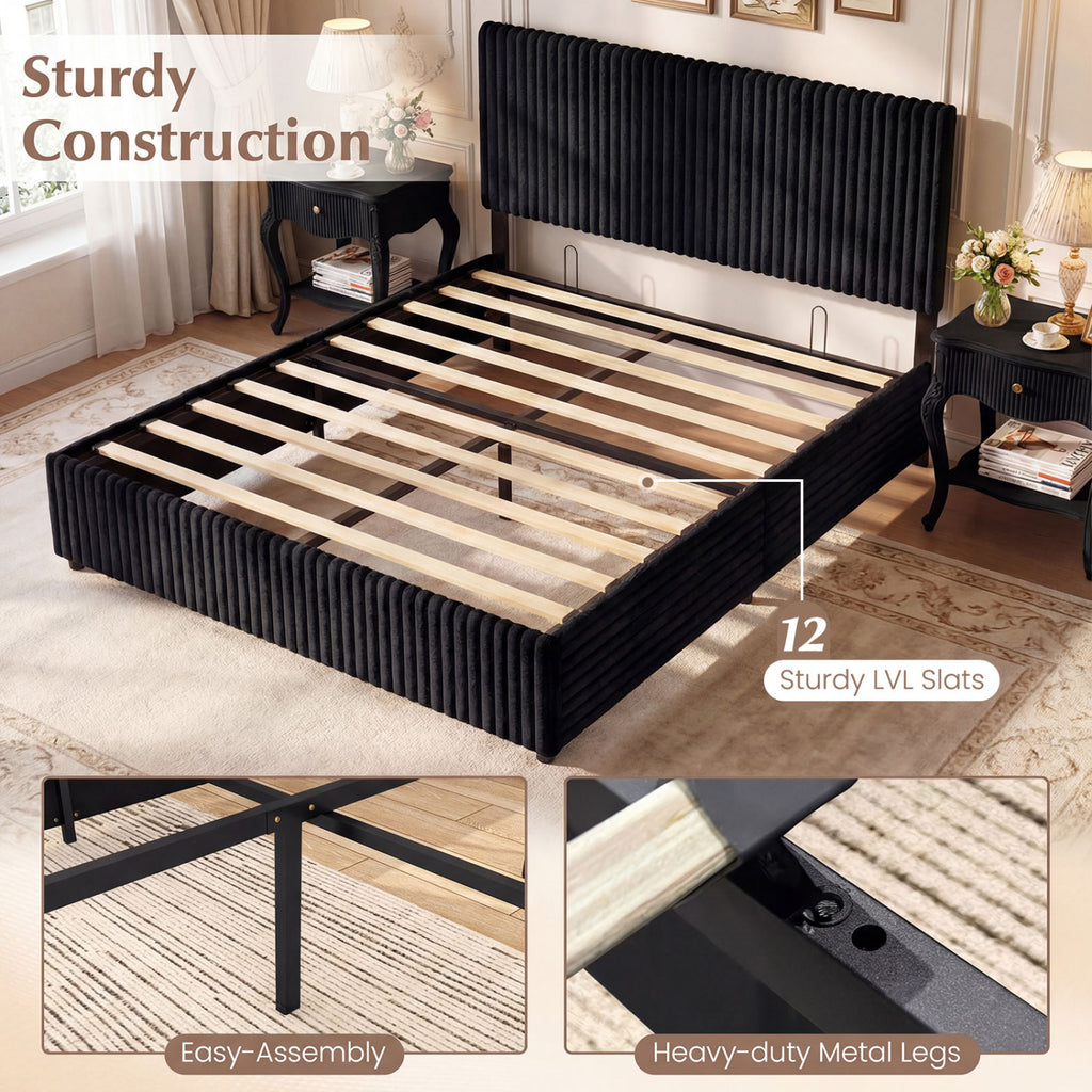 Queen Size Lift-Up Storage Bed with Wooden Slats - Black
