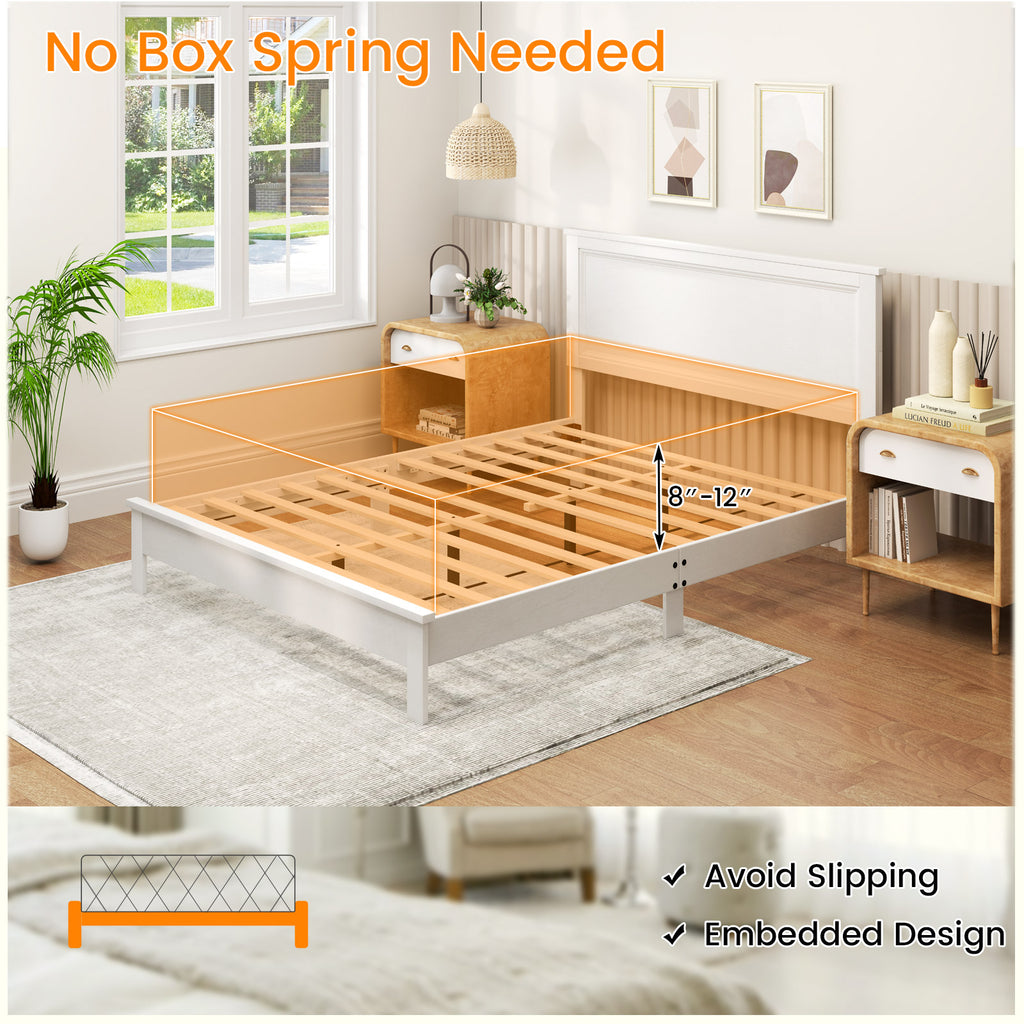 Queen Size Platform Bed Frame with Headboard - White
