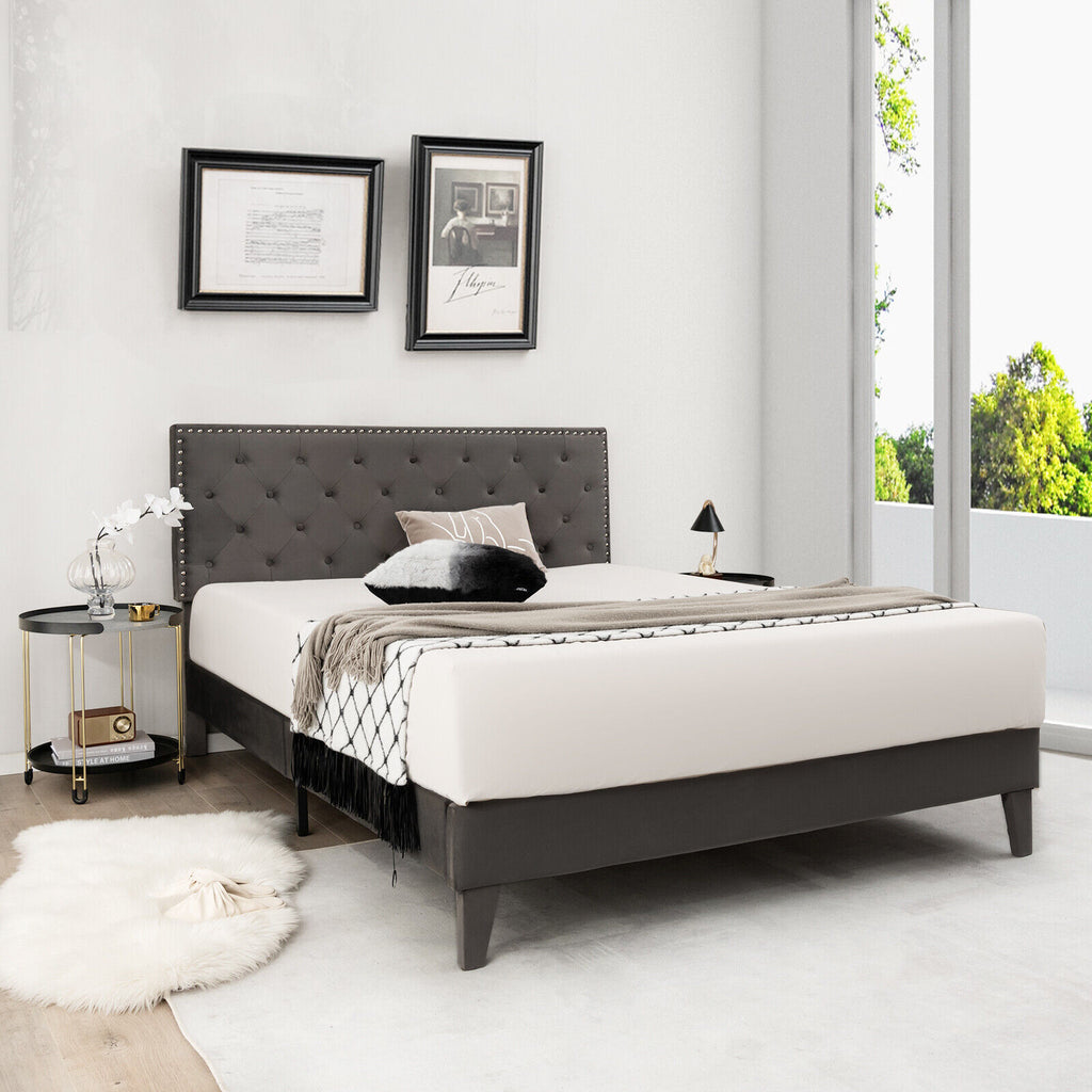 Queen Size Upholstered Platform Bed with Tufted Headboard