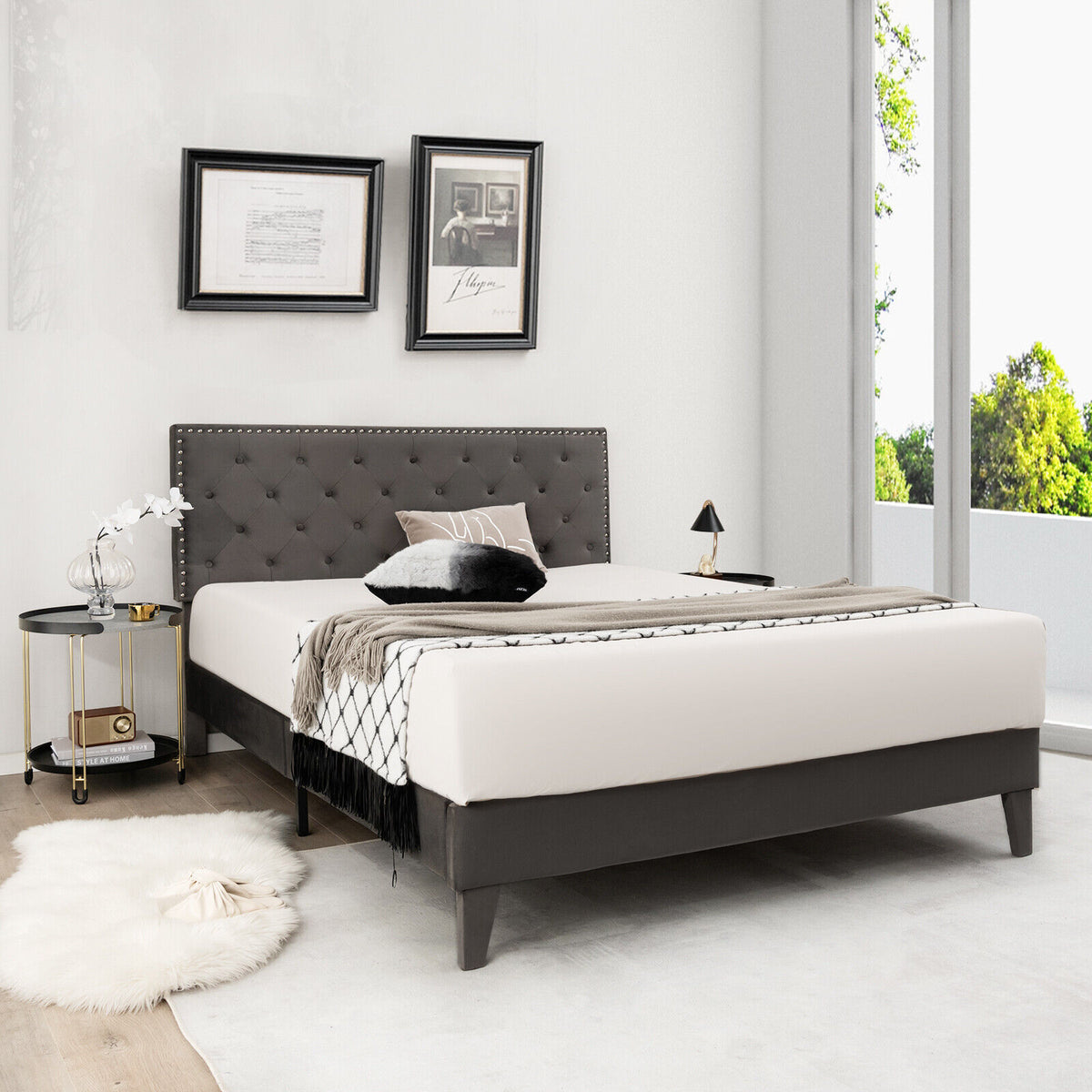 Queen Size Upholstered Platform Bed with Tufted Headboard