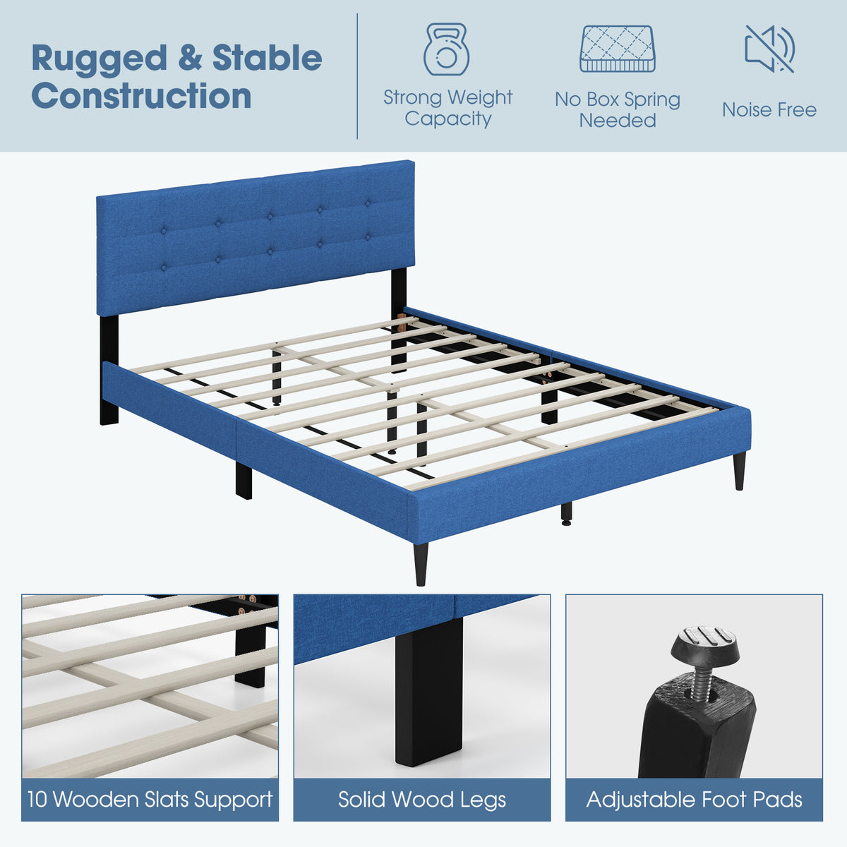 Queen Size Upholstered Platform Bed with Headboard - Blue