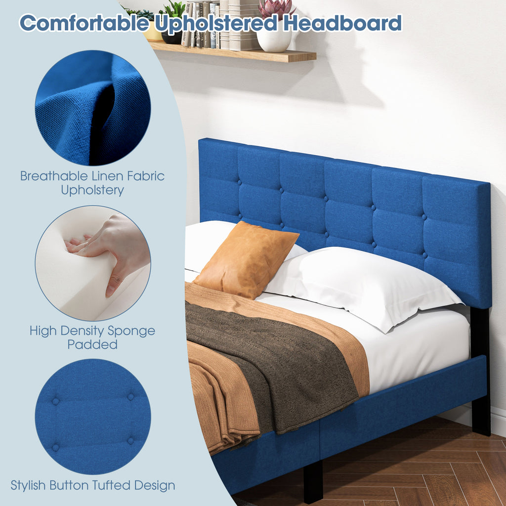 Queen Size Upholstered Platform Bed with Headboard - Blue