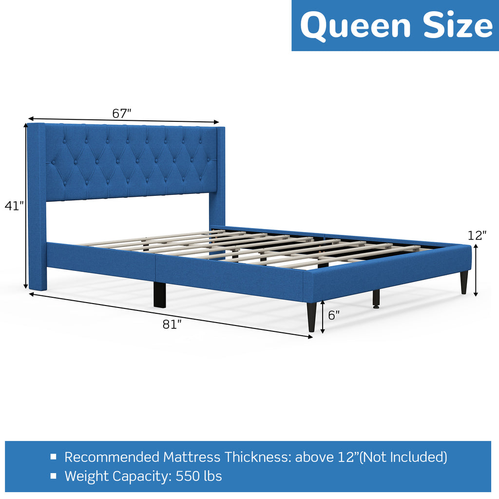 Queen Size Upholstered Platform Bed with Button Tufted Wingback Headboard - Blue