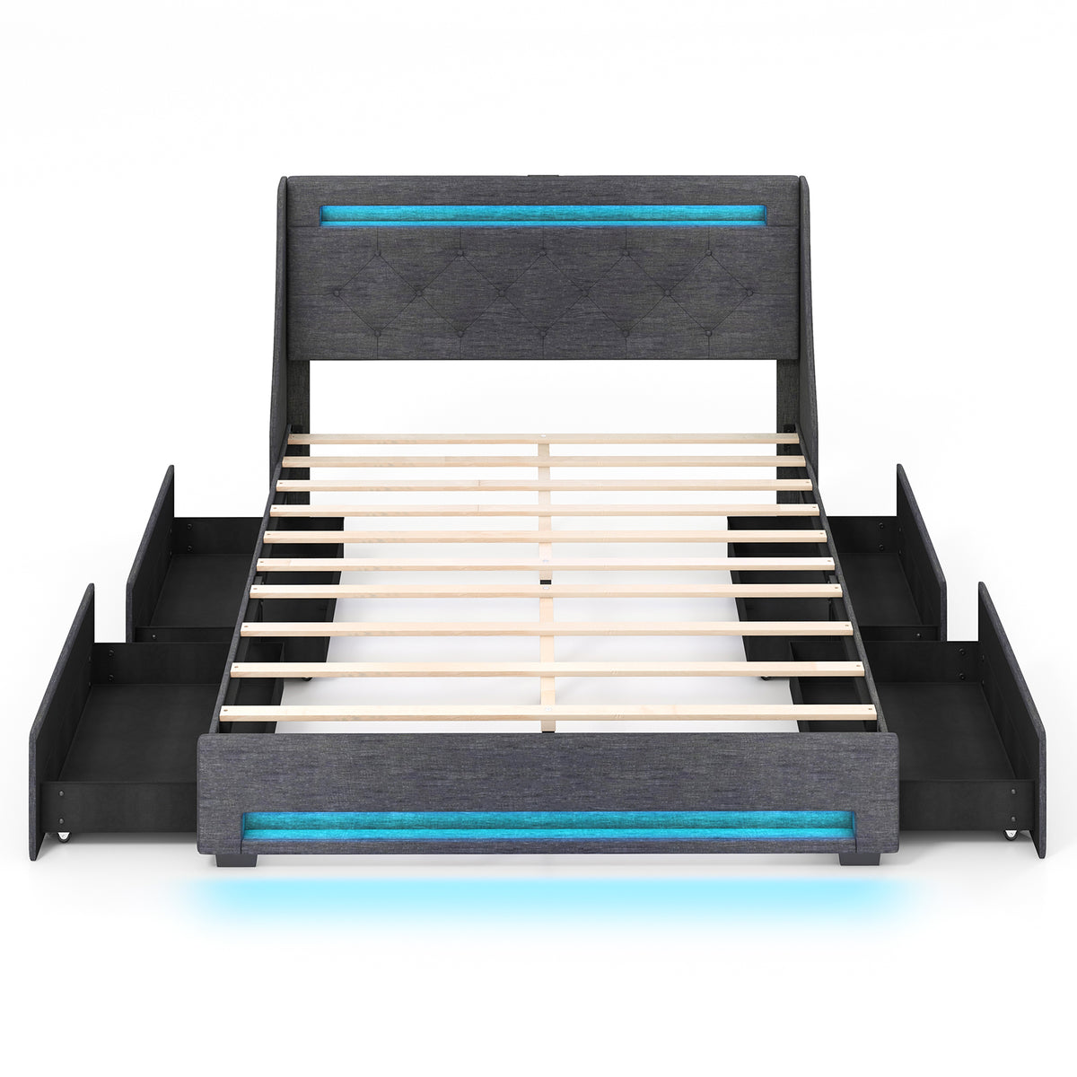 Full Size Upholstered Bed Frame with LED Lights & Drawers