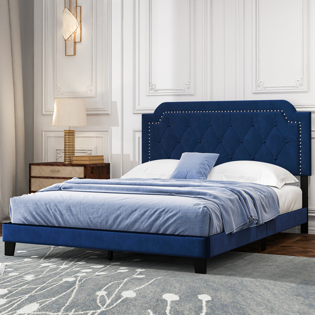 Queen Size Velvet Platform Bed with Button Tufted Headboard