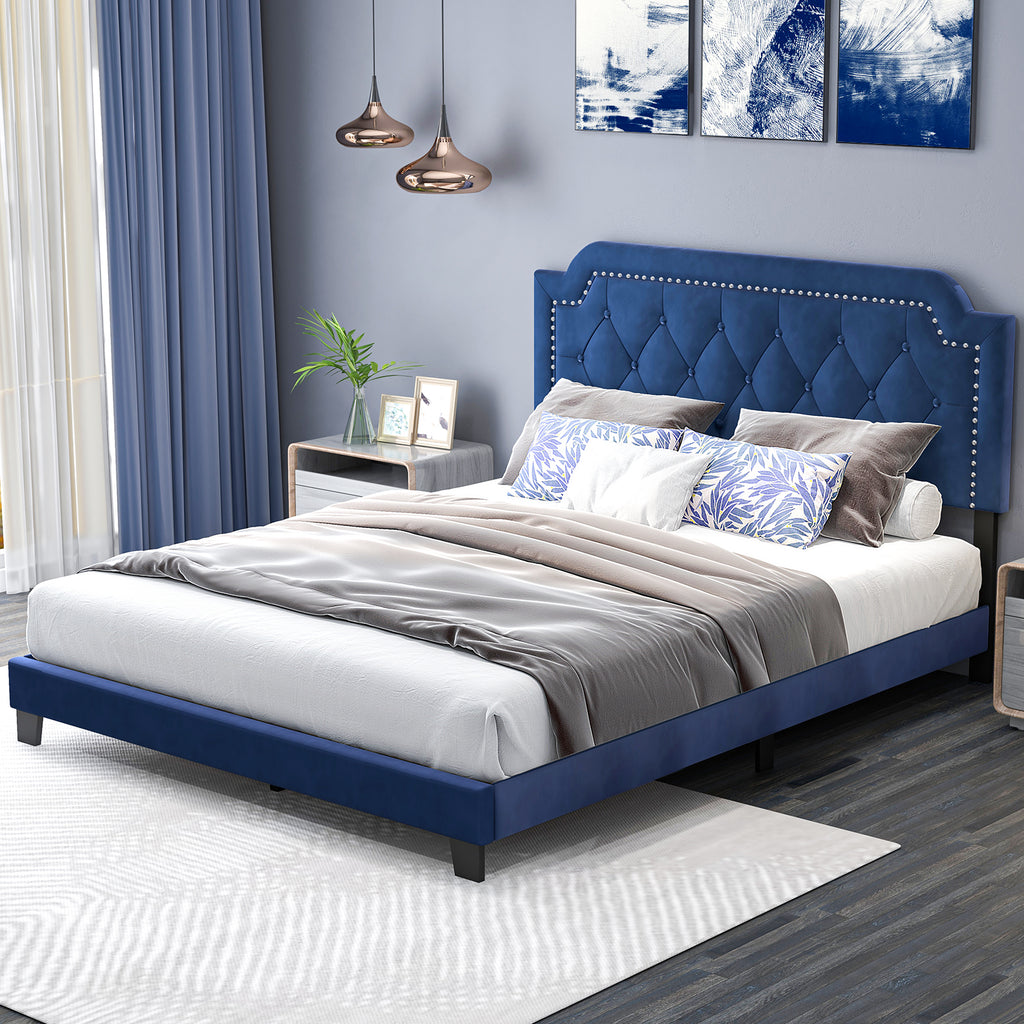 Queen Size Velvet Platform Bed with Button Tufted Headboard