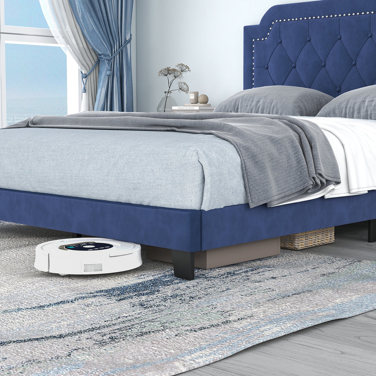 Queen Size Velvet Platform Bed with Button Tufted Headboard