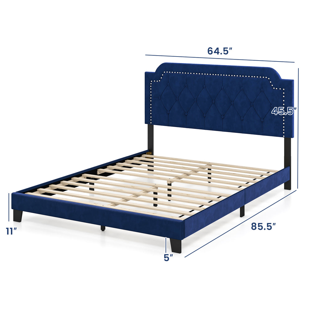 Queen Size Velvet Platform Bed with Button Tufted Headboard