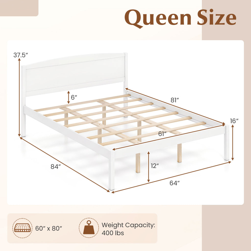 Queen Size Wooden Platform Bed Frame with Curved Headboard - White