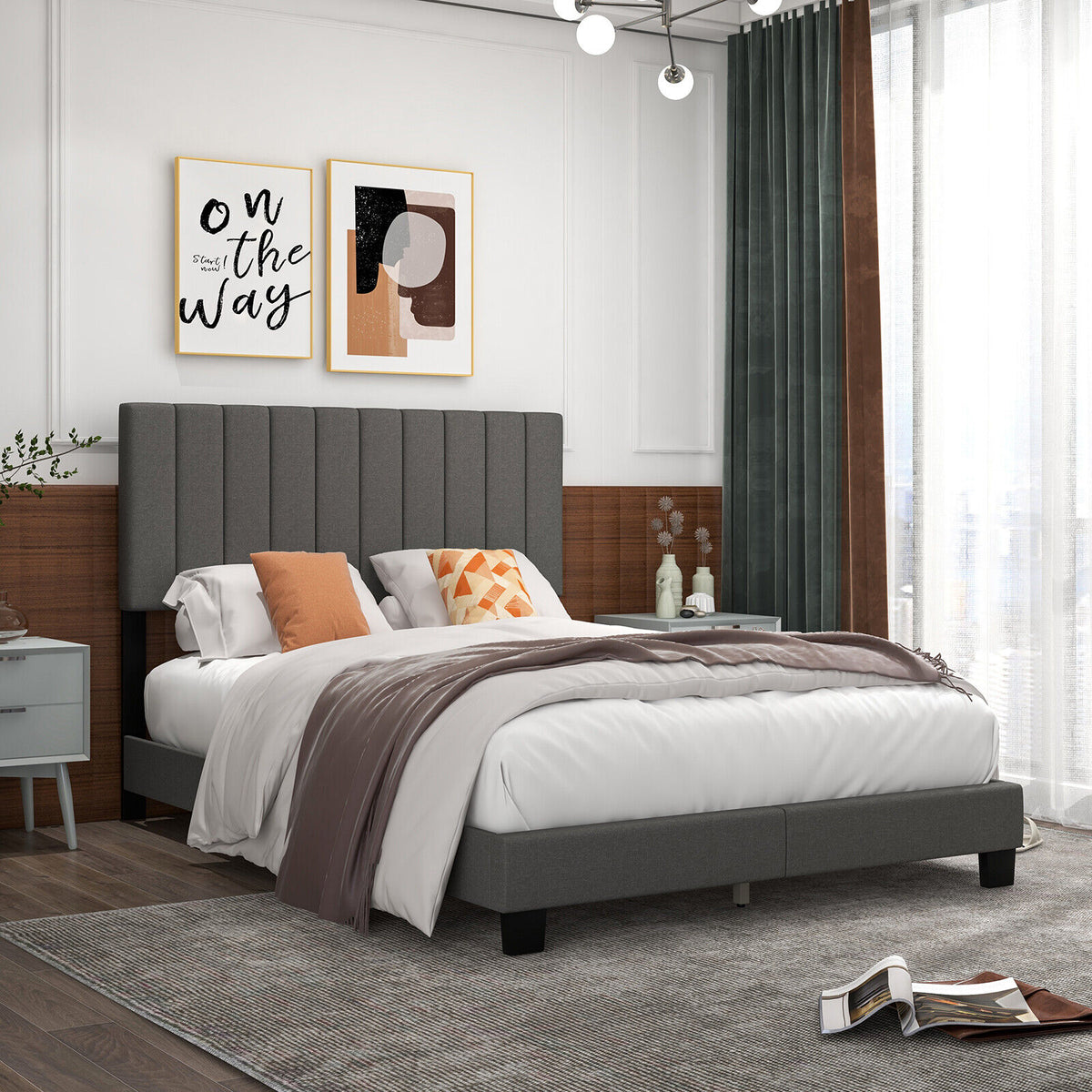 Queen Size Upholstered Bed Frame with Tufted Headboard - Gray