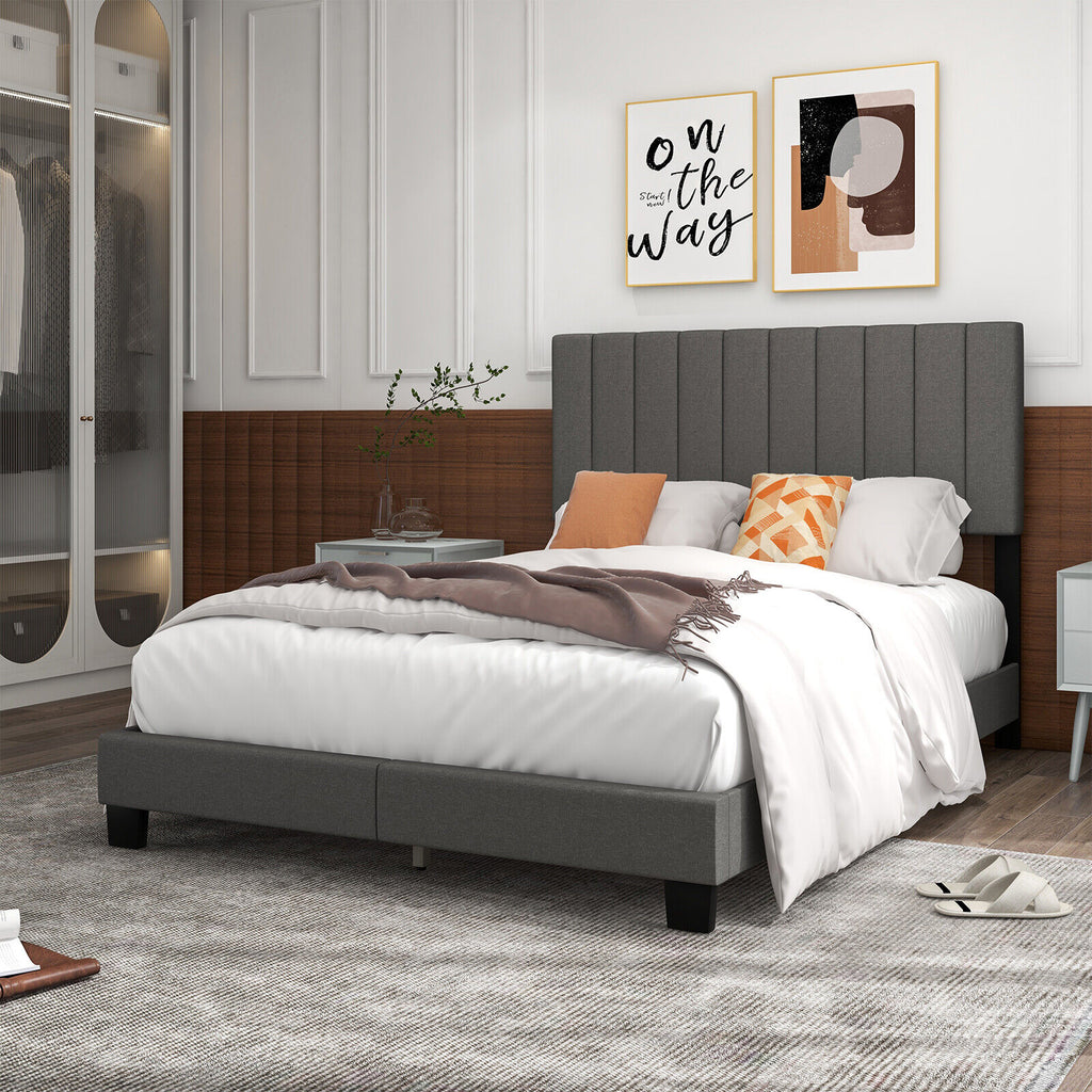 Queen Size Upholstered Bed Frame with Tufted Headboard – Gray