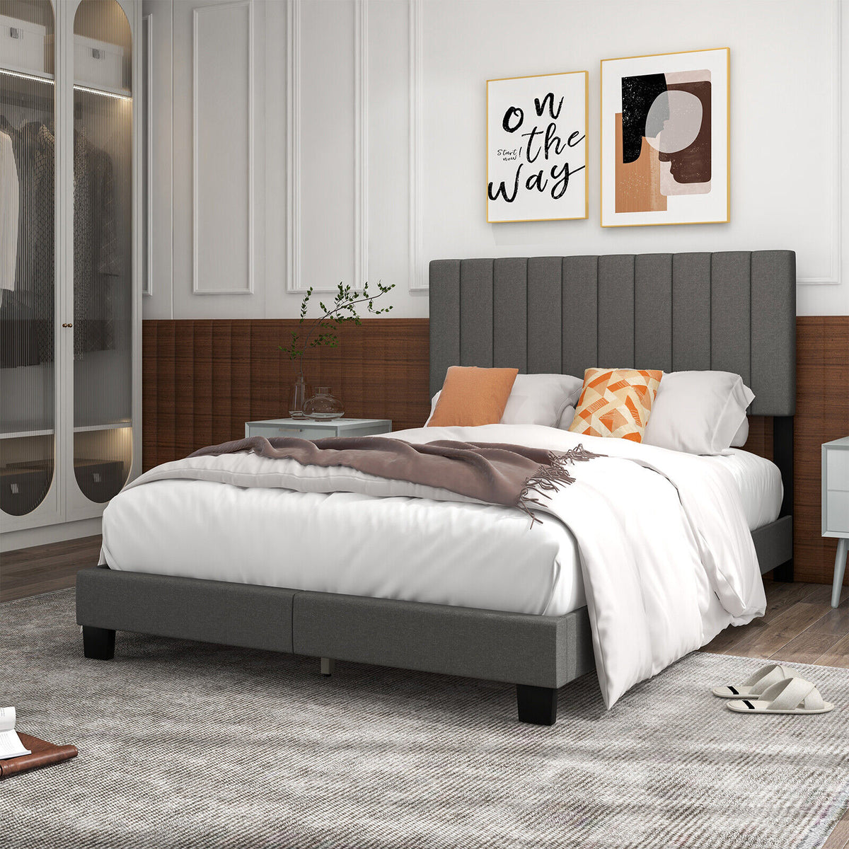 Queen Size Upholstered Bed Frame with Tufted Headboard – Gray