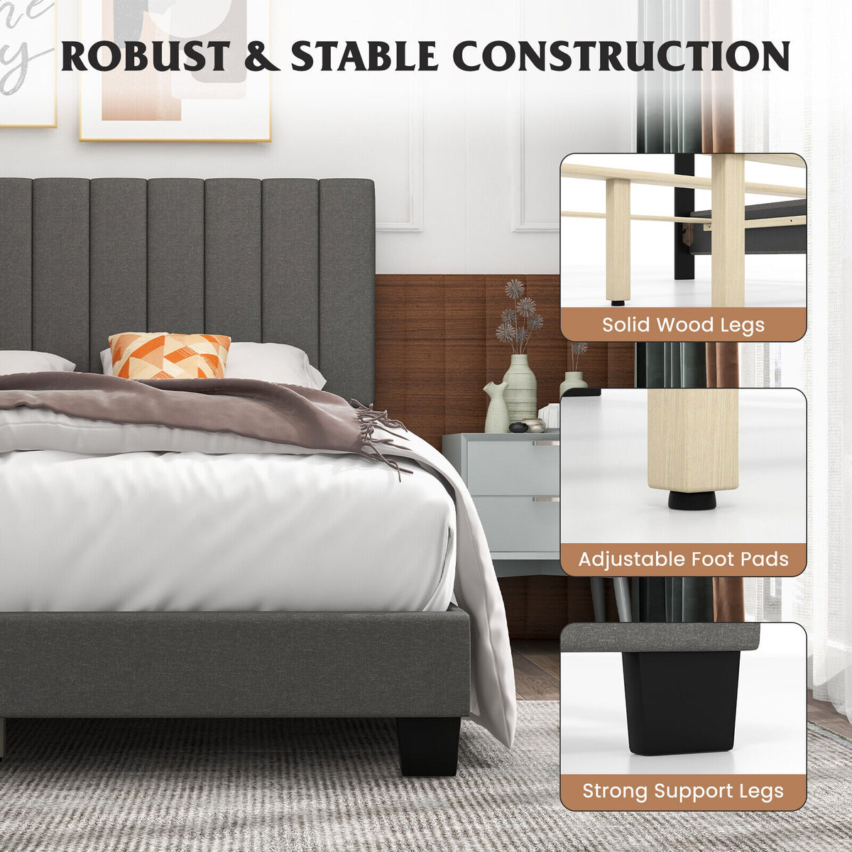 Queen Size Upholstered Bed Frame with Tufted Headboard - Gray