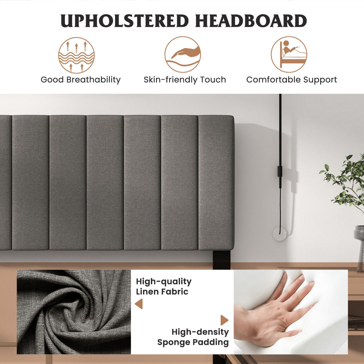 Queen Size Upholstered Bed Frame with Tufted Headboard – Gray