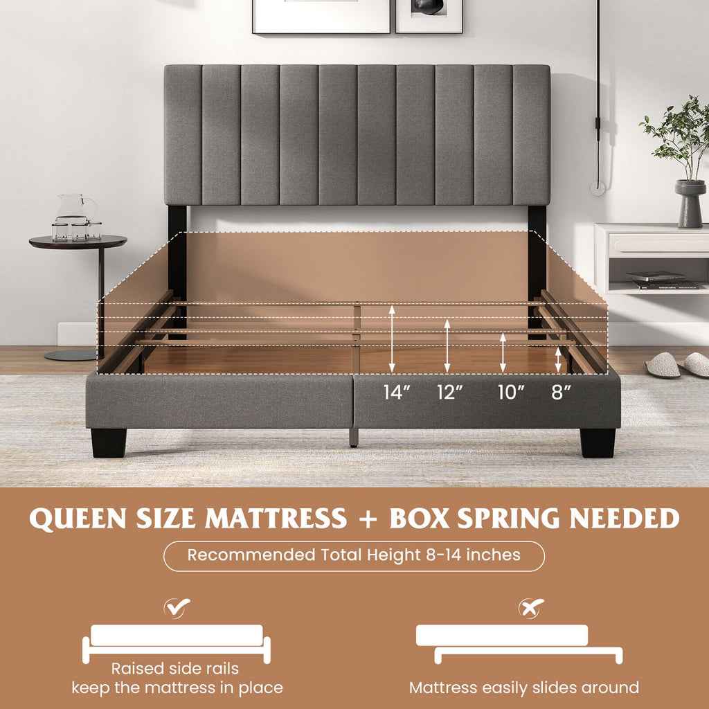 Queen Size Upholstered Bed Frame with Tufted Headboard – Gray